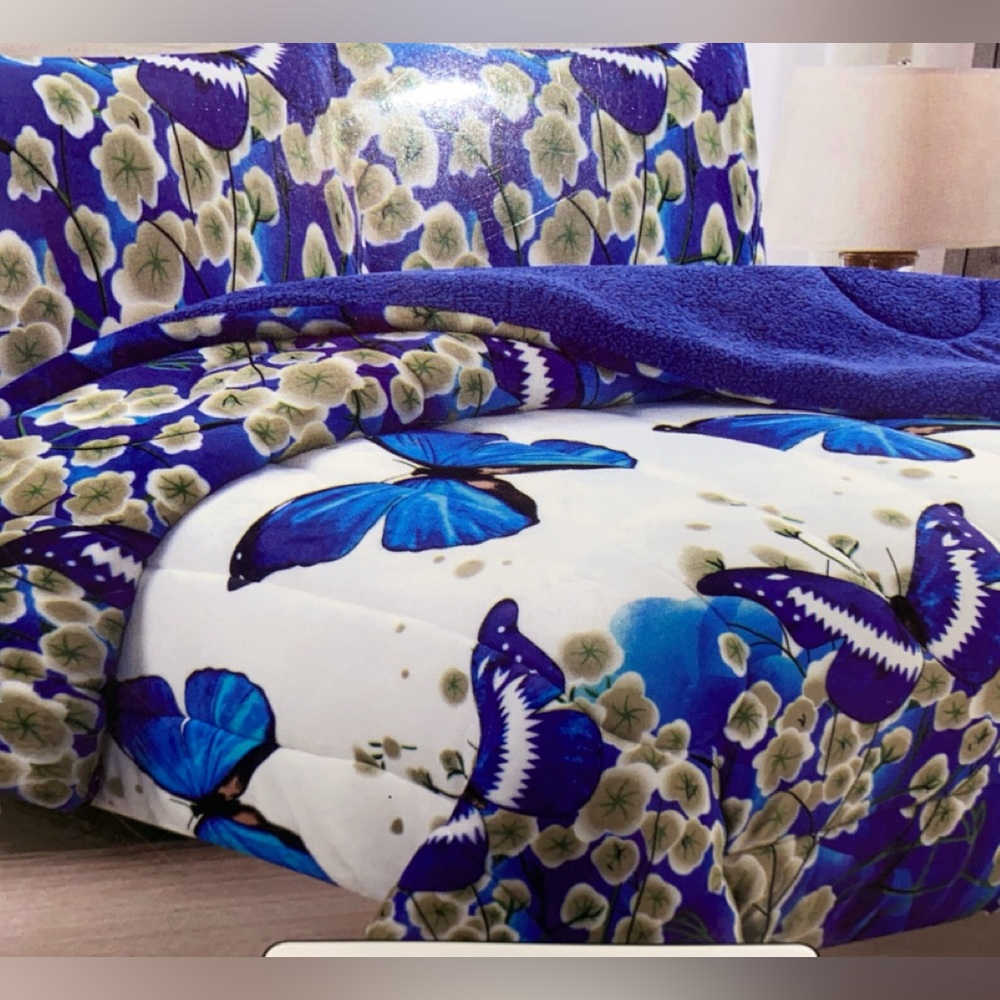 Queen Size Blue Butterfly Floral Comforter Set – Cozy  Flannel Borrego Bedding